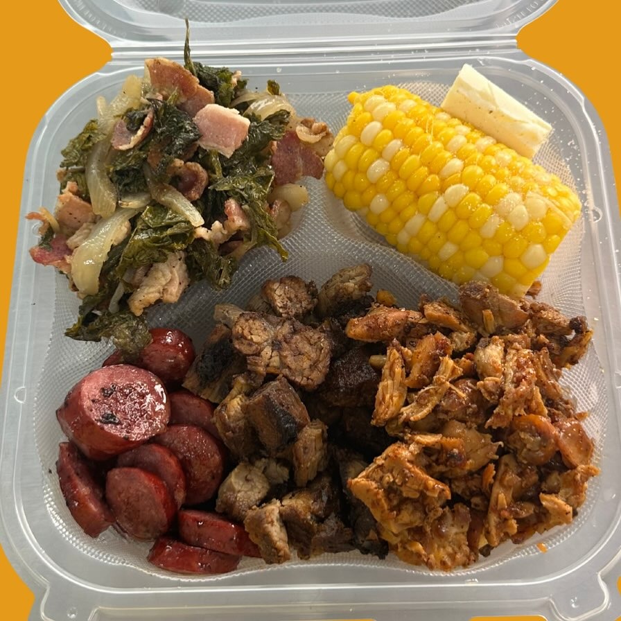 A loaded plate of CJ's BBQ